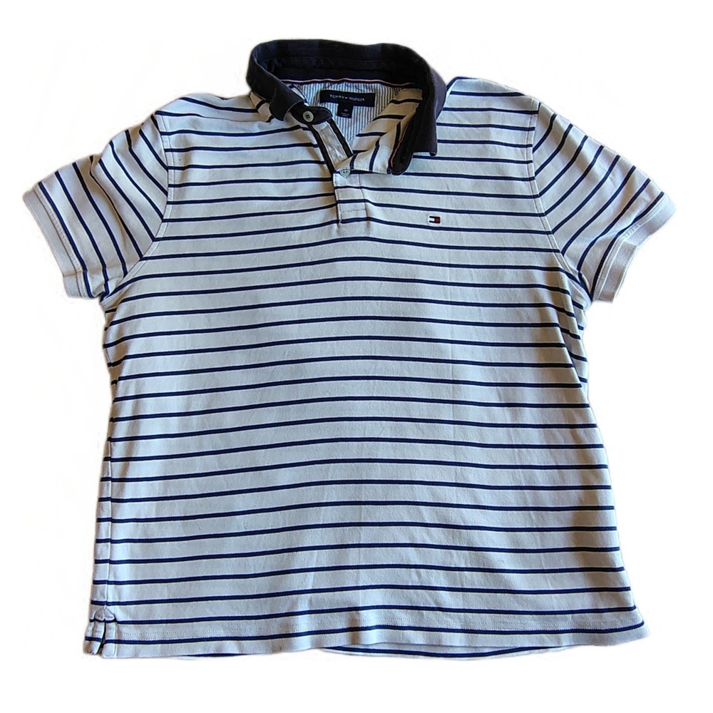 Tommy Hilfiger Mens Classic Fit Striped Polo M Contrast Collar Nautical Prep
